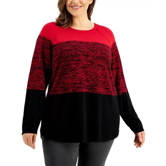 Karen Scott Womens Plus Size 0X Cassie Colorblocked Curved Hem Sweater Red SW1 - Picture 1 of 7